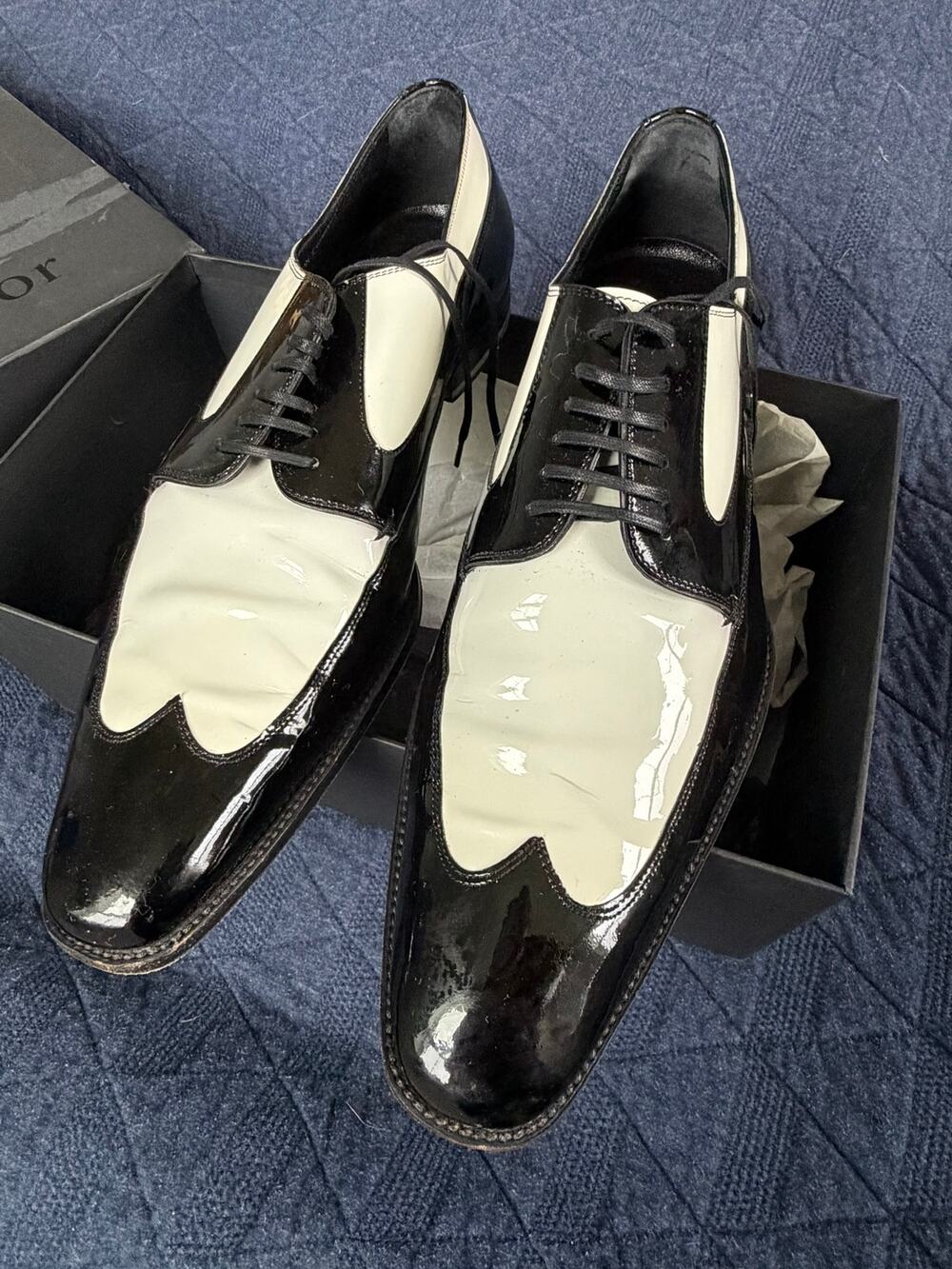 Dior Homme Spring 2008 Zazous Patent Leather Shoes Black White 42.5